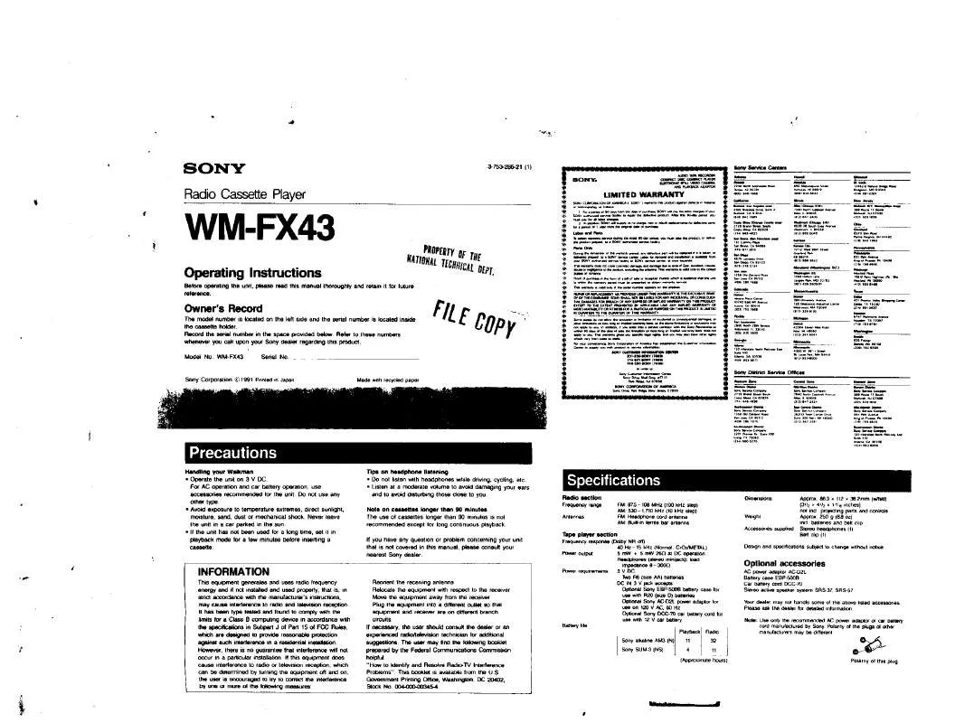 Mode d'emploi SONY WM-FX43