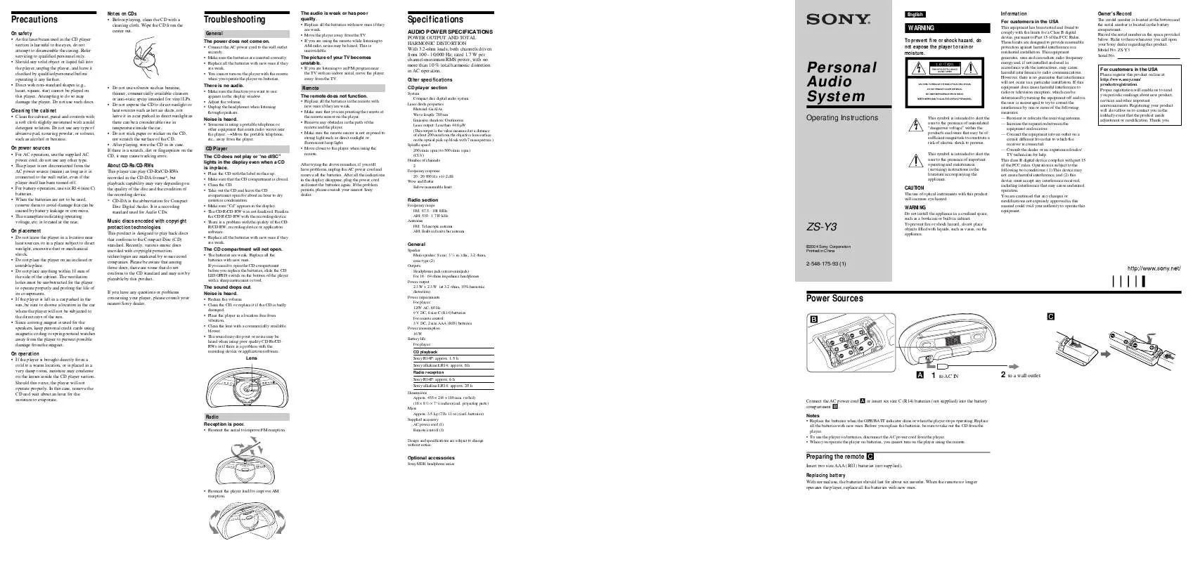 Mode d'emploi SONY ZS-Y3PSBLK