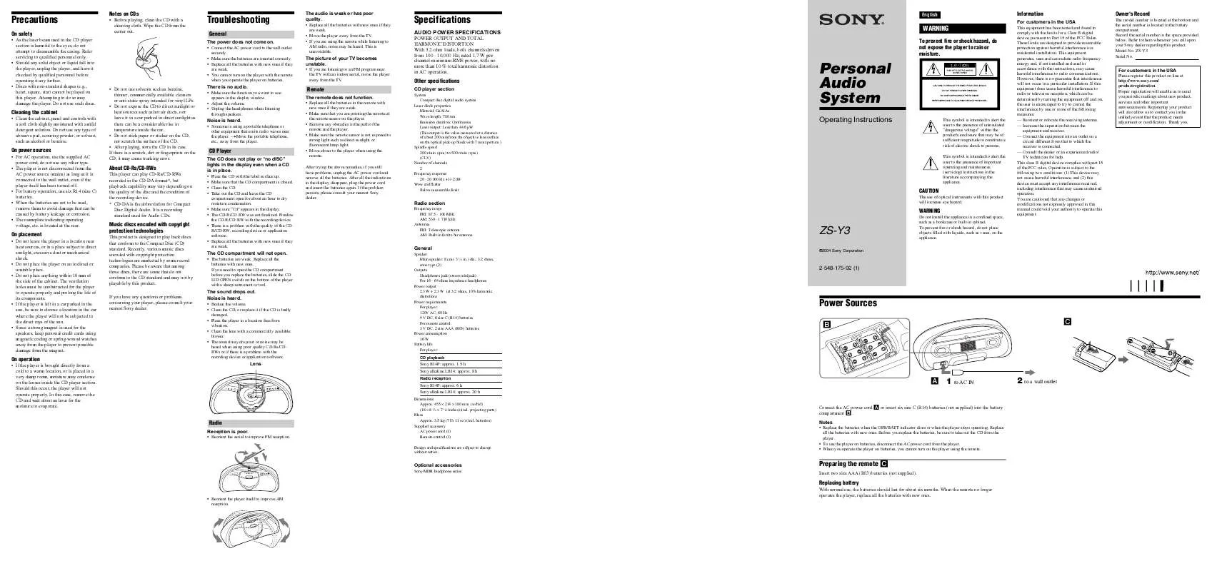 Mode d'emploi SONY ZS-Y3
