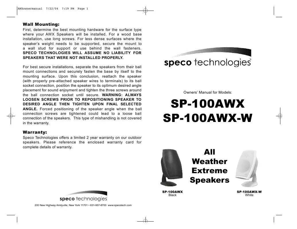 Mode d'emploi SPECO SP-100AWX-W