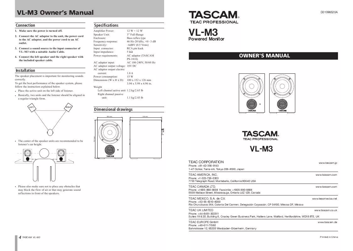 Mode d'emploi TASCAM VL-M3