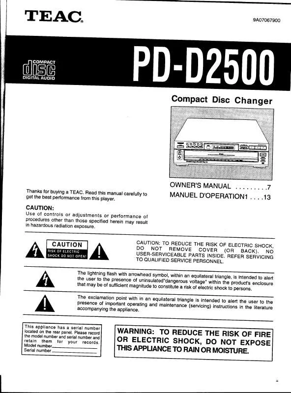 Mode d'emploi TEAC PD-D2500 COMPACT DISK CHANGER