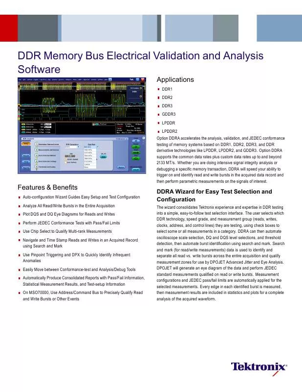 Mode d'emploi TEKTRONIX DDR MEMORY BUS ELECTRICAL VALIDATION AND ANALYSIS SOFTWARE
