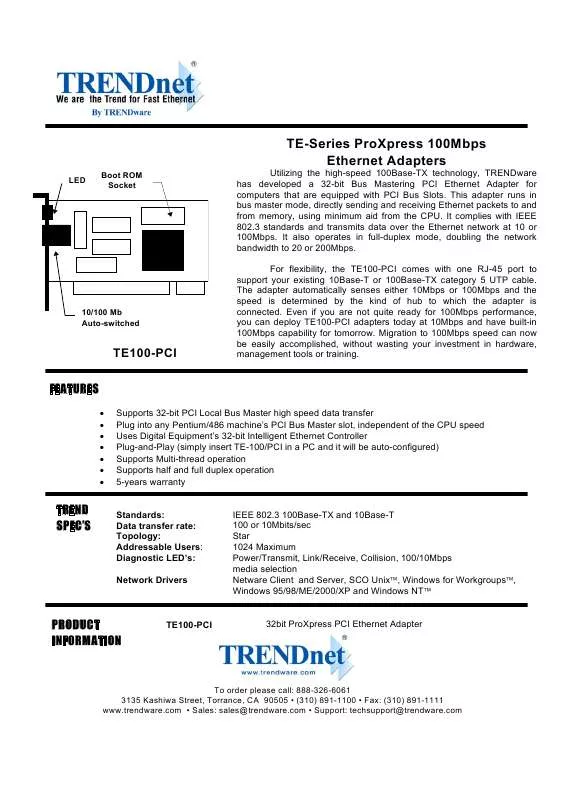 Mode d'emploi TRENDNET TE100-PCI