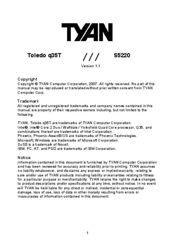 Mode d'emploi TYAN TOLEDO Q35T S5220