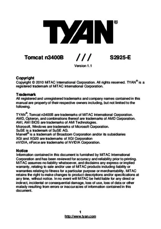 Mode d'emploi TYAN TOMCAT N3400B S2925-E