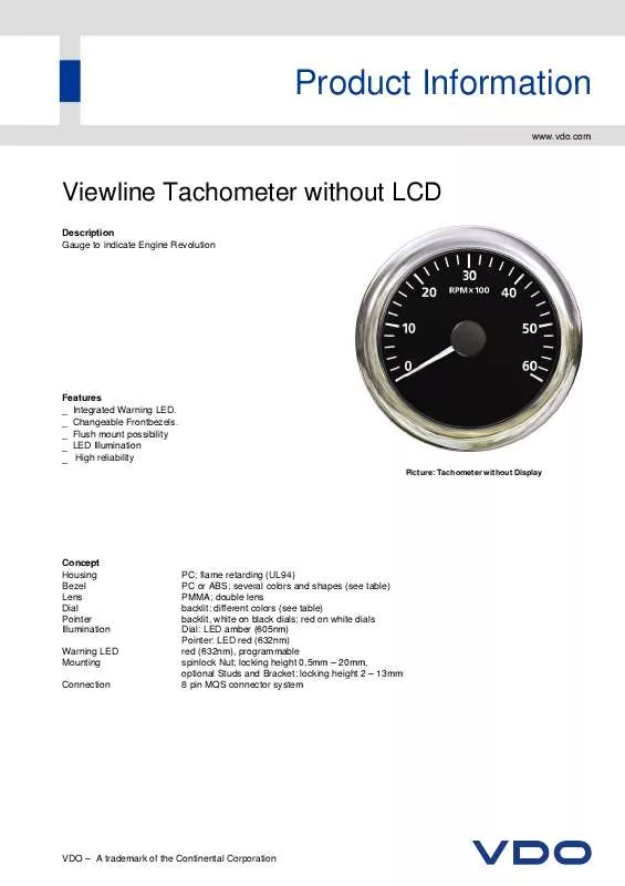 Mode d'emploi VDO VIEWLINE TACHOMETER WITHOUT LCD