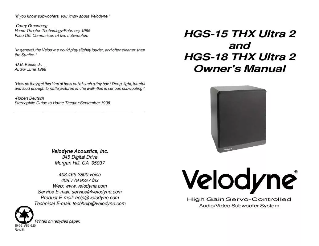 Mode d'emploi VELODYNE HGS-18 THX ULTRA 2