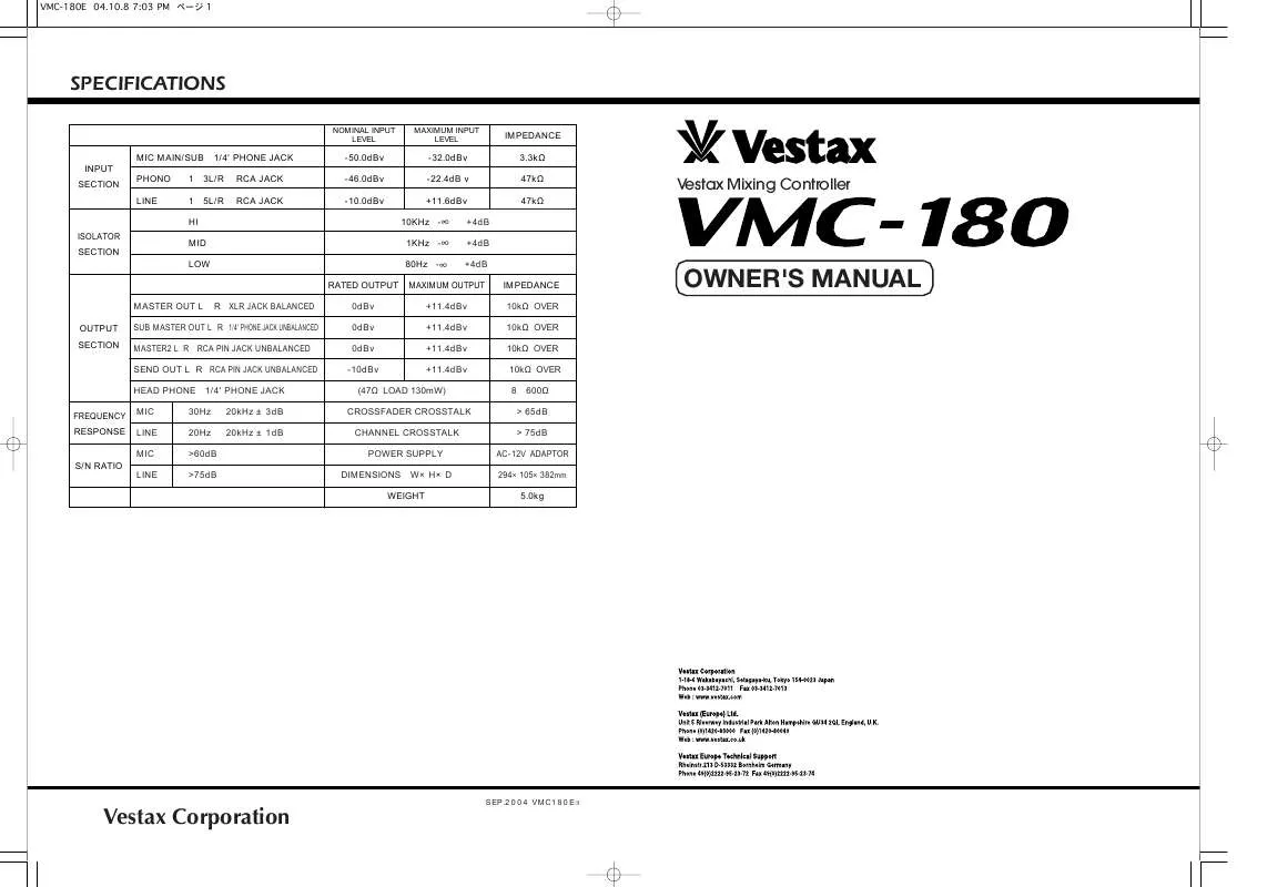 Mode d'emploi VESTAX VMC 180