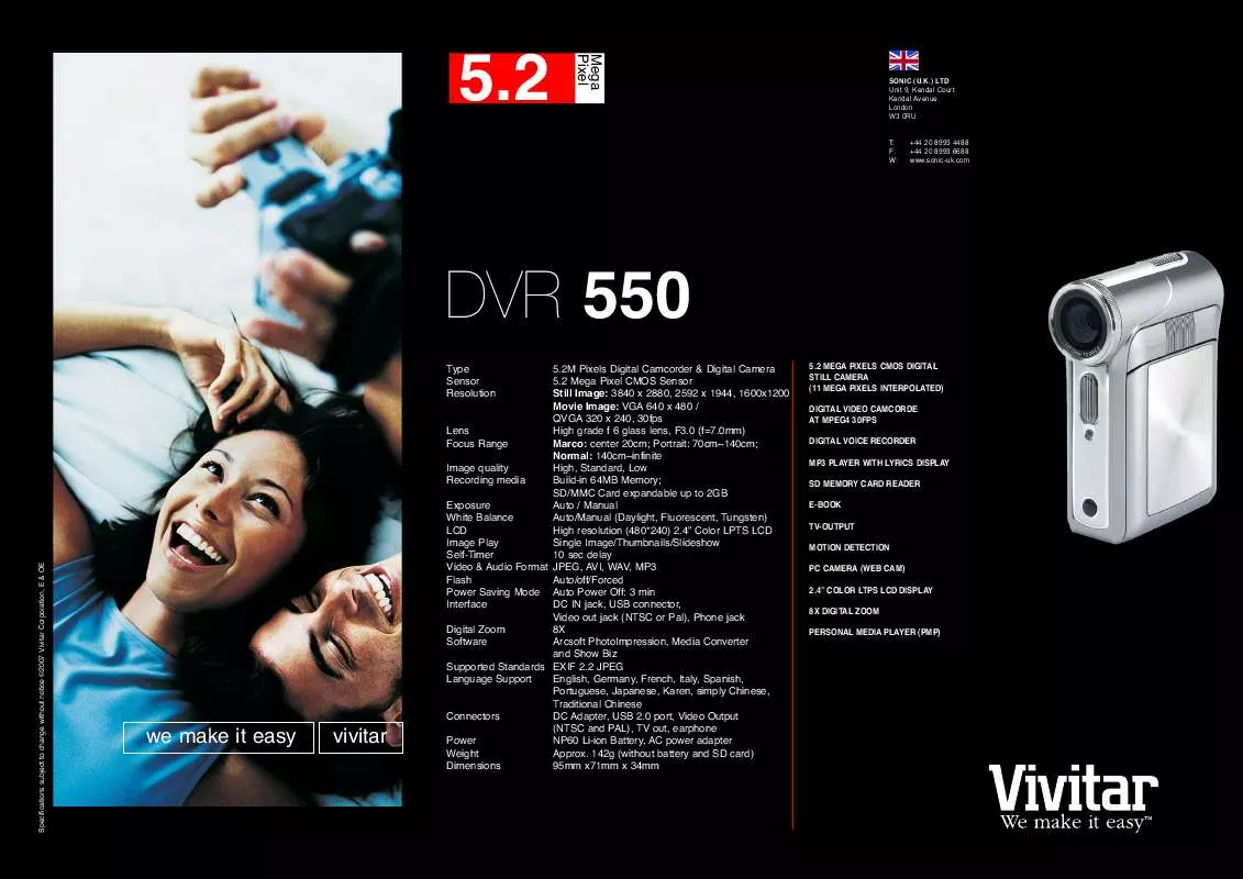 Mode d'emploi VIVITAR DVR 550