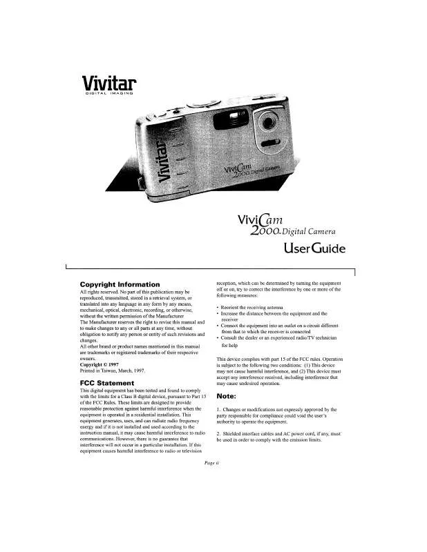 Mode d'emploi VIVITAR VIVICAM 2000