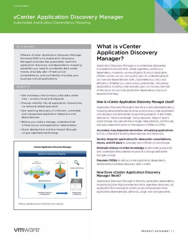 Mode d'emploi VMWARE VCENTER APPLICATION DISCOVERY MANAGER