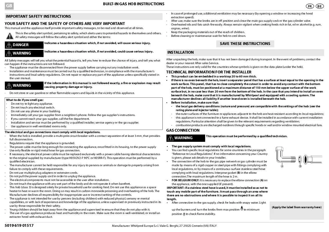 Mode d'emploi WHIRLPOOL PGS 200/WH/01