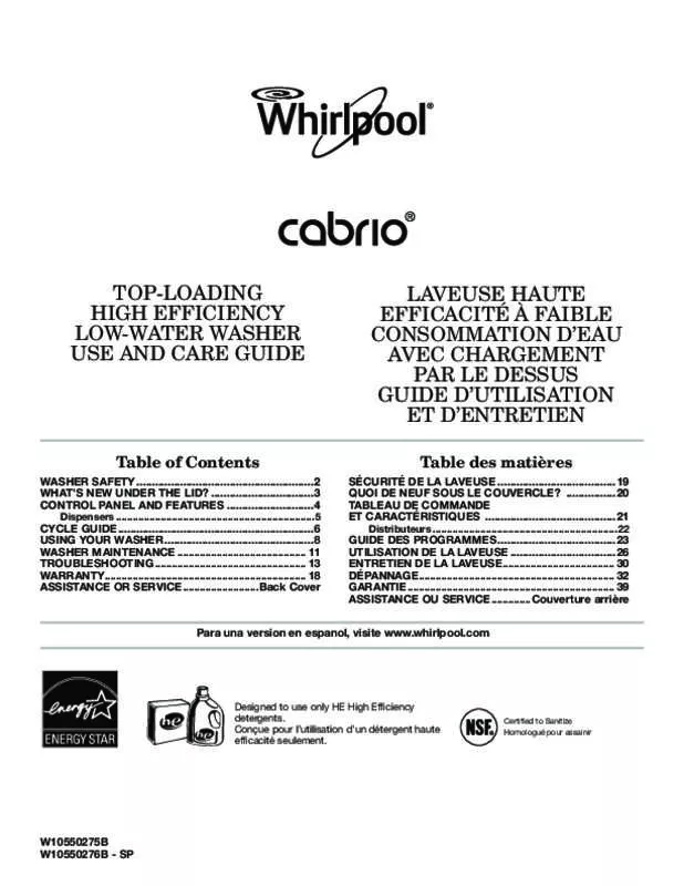 Mode d'emploi WHIRLPOOL WTW8900BC