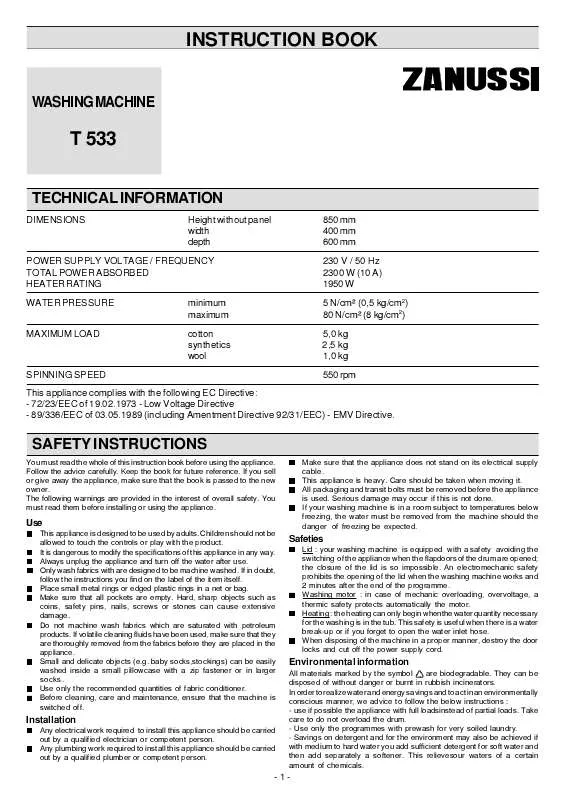 Mode d'emploi ZANUSSI T533