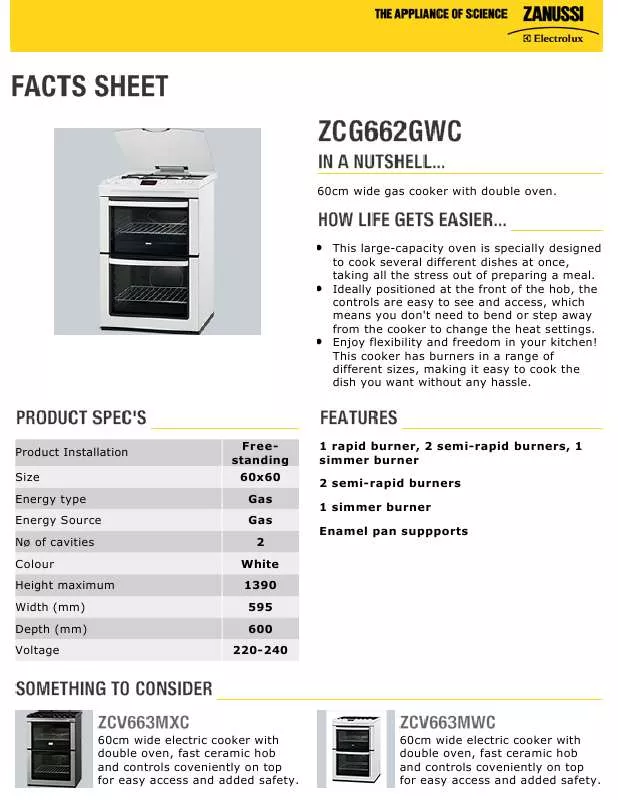 Mode d'emploi ZANUSSI ZCG662GWC