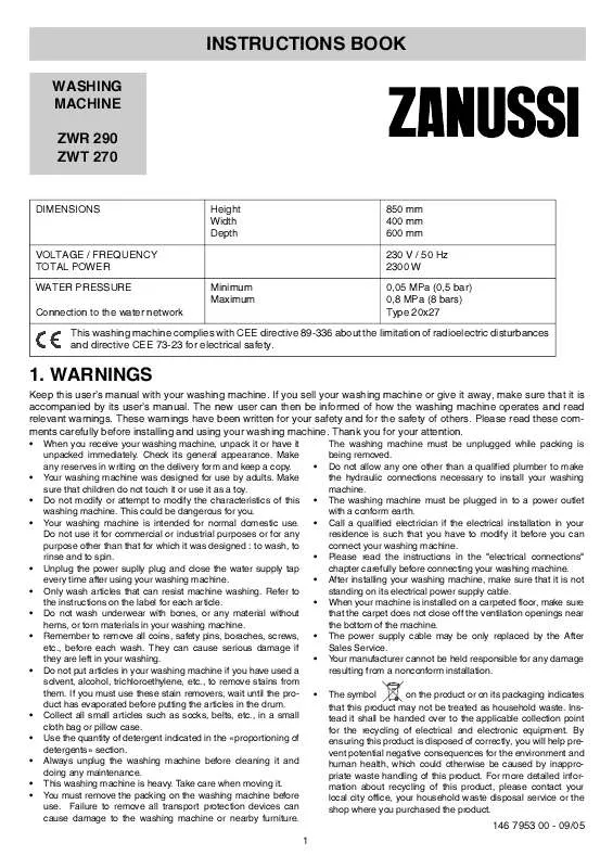 Mode d'emploi ZANUSSI ZWR290