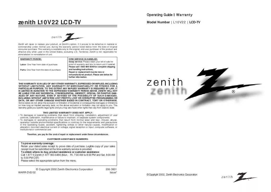 Mode d'emploi ZENITH L10V22