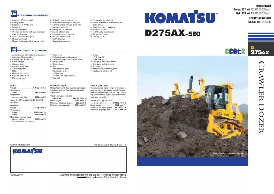 Mode d'emploi ZENOAH KOMATSU D275AX-5E0