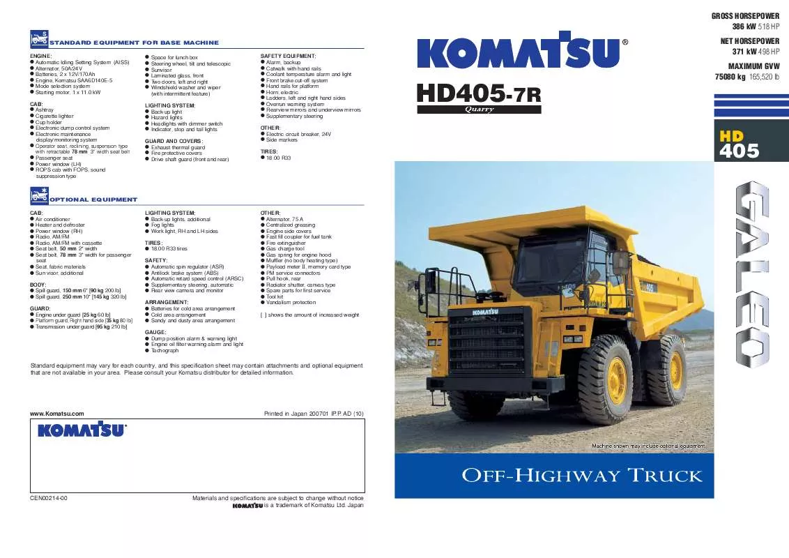 Mode d'emploi ZENOAH KOMATSU HD405-7R