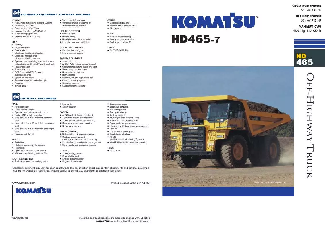 Mode d'emploi ZENOAH KOMATSU HD465-7