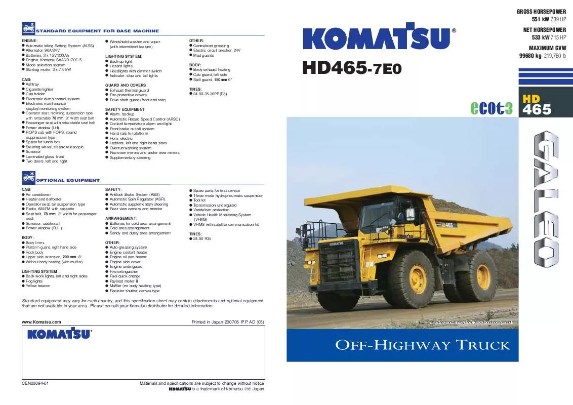 Mode d'emploi ZENOAH KOMATSU HD465-7E0
