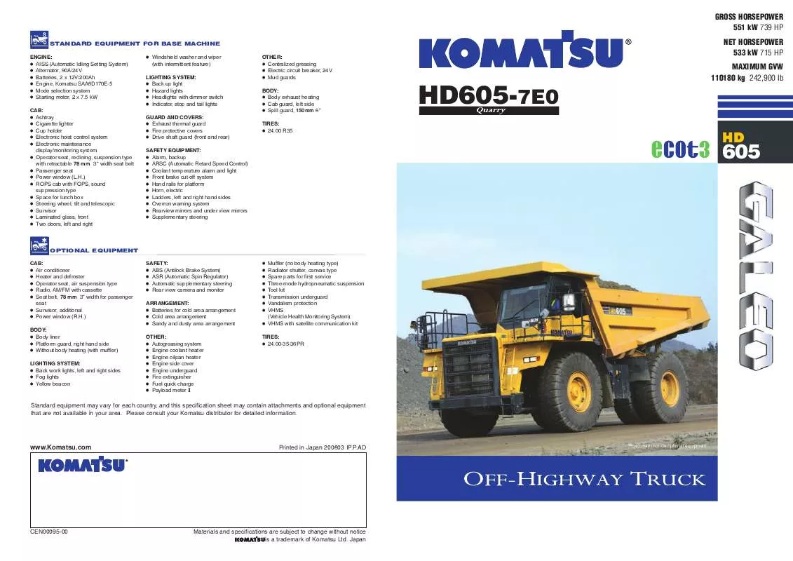 Mode d'emploi ZENOAH KOMATSU HD605-7E0