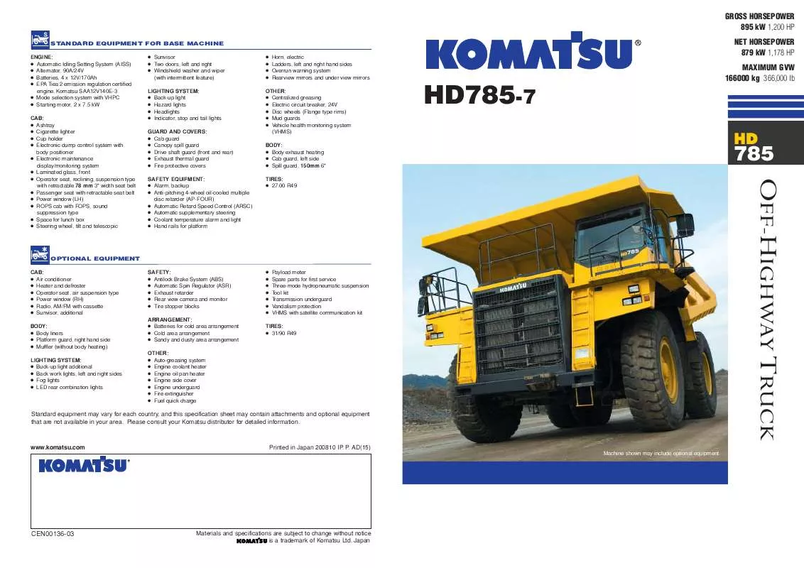 Mode d'emploi ZENOAH KOMATSU HD785-7