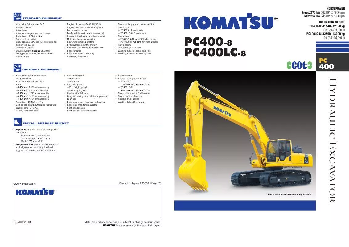 Mode d'emploi ZENOAH KOMATSU PC400LC-8