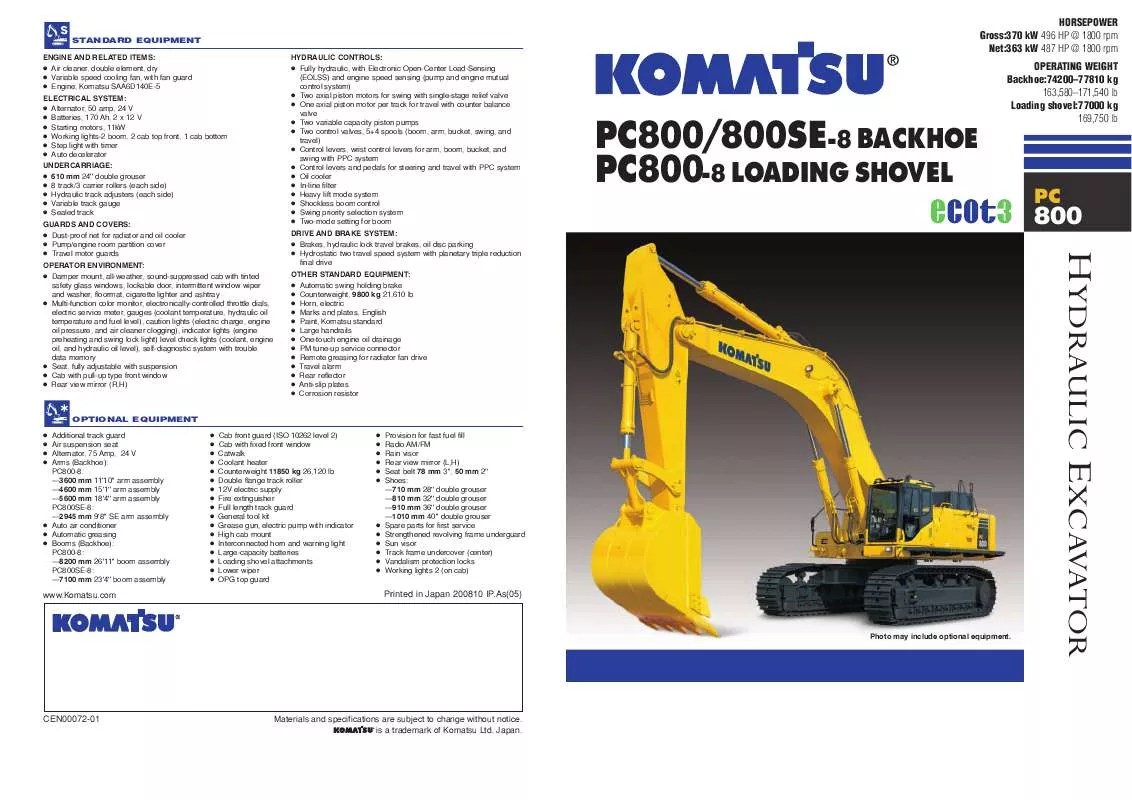 Mode d'emploi ZENOAH KOMATSU PC800SE-8