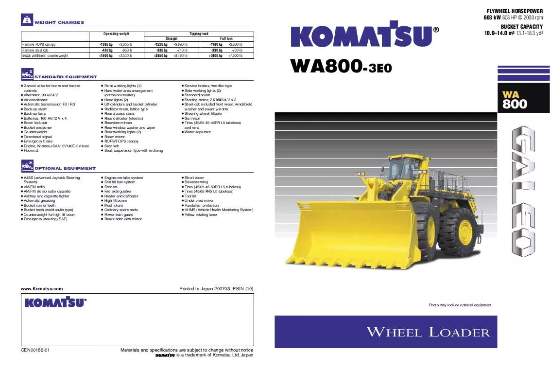 Mode d'emploi ZENOAH KOMATSU WA800-3E0