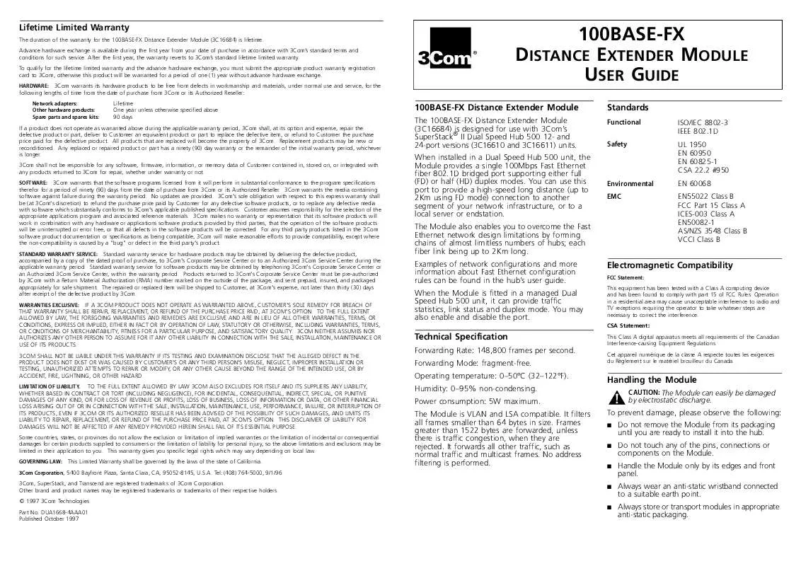 Mode d'emploi 3COM 100BASE-FX DISTANCE EXTENDER