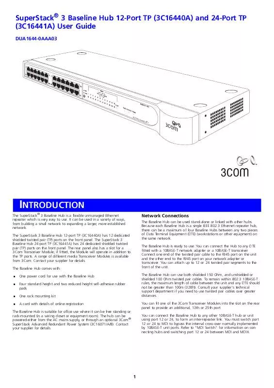 Mode d'emploi 3COM 12 PORT UNMANAGED ETH/HUB TRANSCEIVER