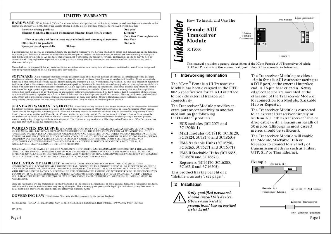 Mode d'emploi 3COM AUI XCVR INTERFACE