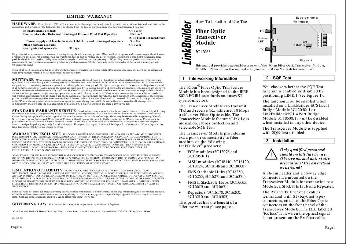 Mode d'emploi 3COM FIBER OPTIC ST MODULE