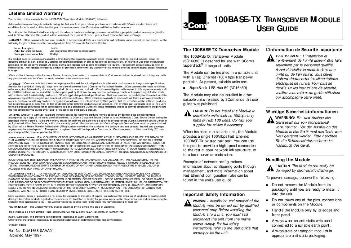 Mode d'emploi 3COM SS II 100BASE TX TRANSCEIVER