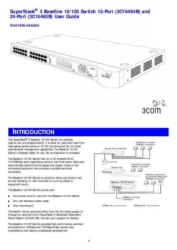 Mode d'emploi 3COM SS3 BASELINE 10/100 SW 12PT