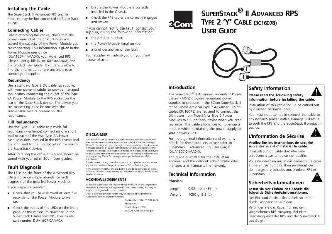 Mode d'emploi 3COM SSII ADV RPS Y-CABLE TYPE 2