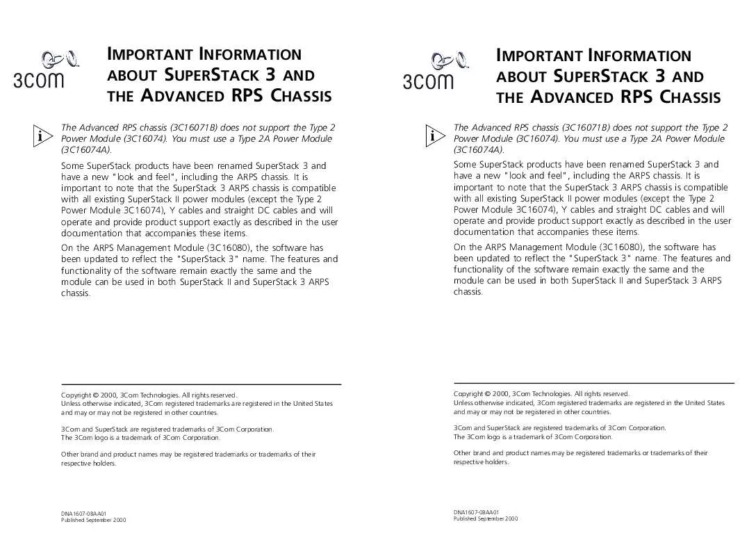 Mode d'emploi 3COM SSII ADVANCED RPS POWER MODULE TYPE 3