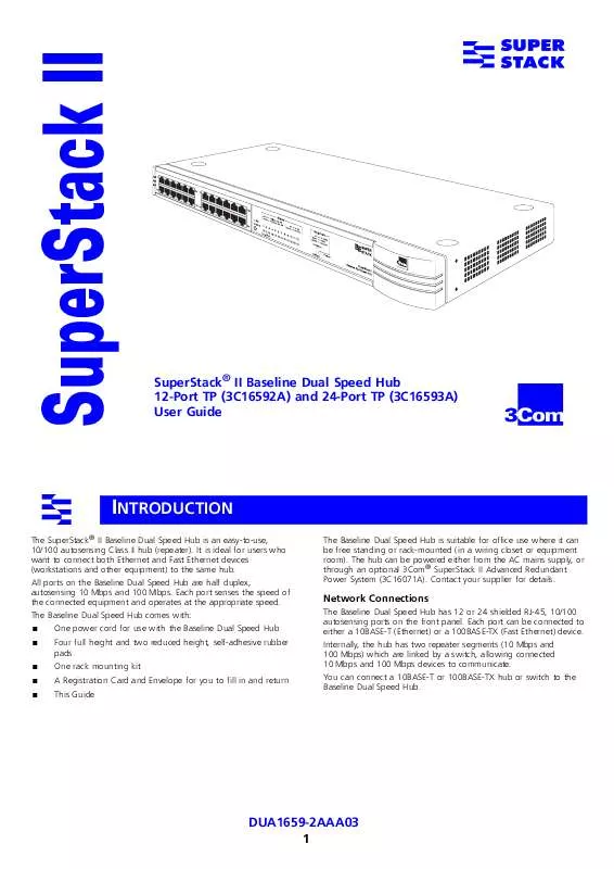 Mode d'emploi 3COM SSII,BASELINE D/SPEED HUB 12 PT, 10/100