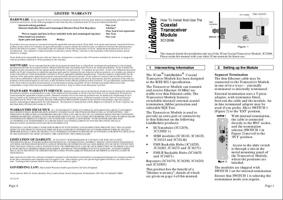 Mode d'emploi 3COM THINNET XCVR MODULE