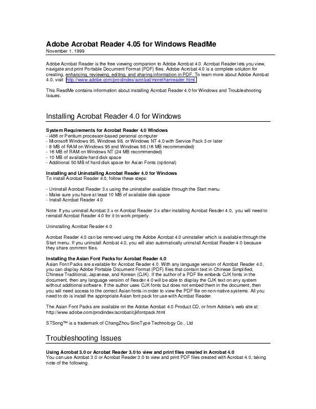 Mode d'emploi ADOBE ACROBAT READER 4.05