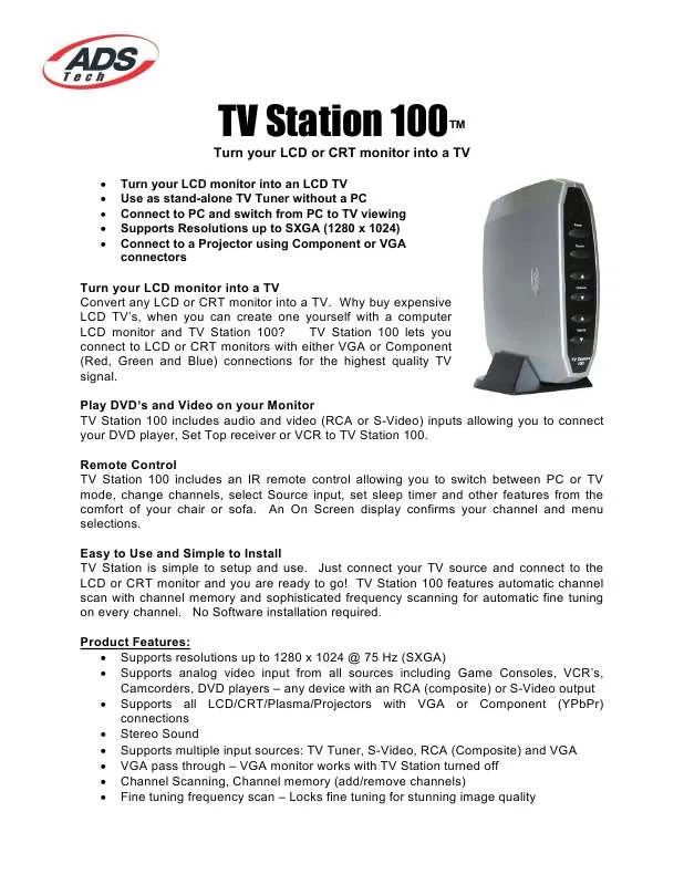 Mode d'emploi ADS TECH TV STATION 100 PTV-360