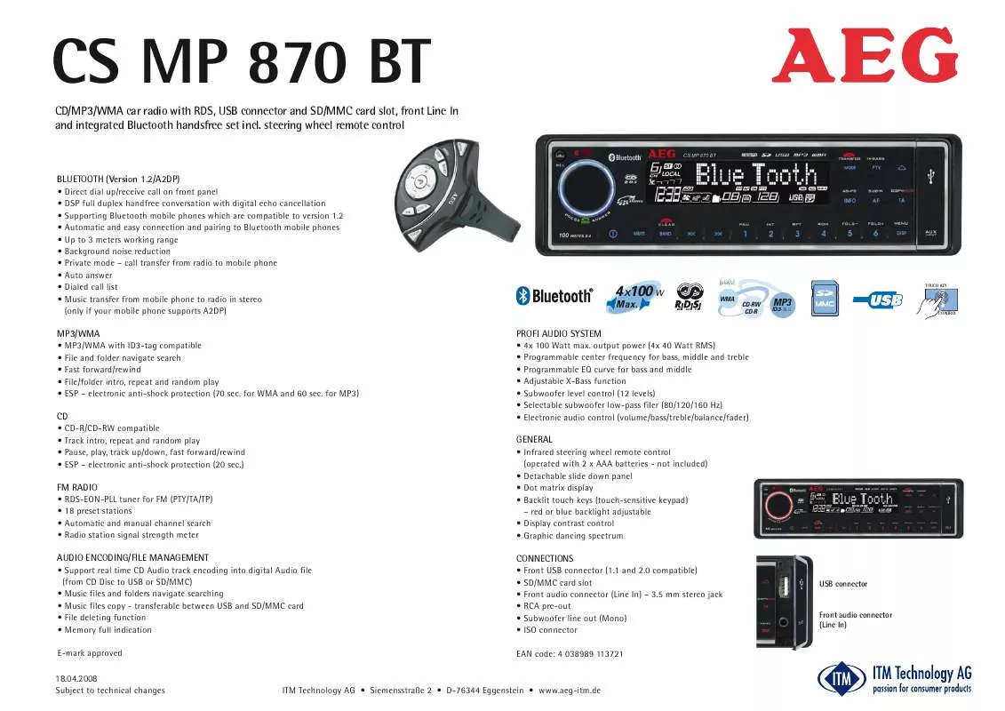 Mode d'emploi AEG-ELECTROLUX CS MP 870 BT