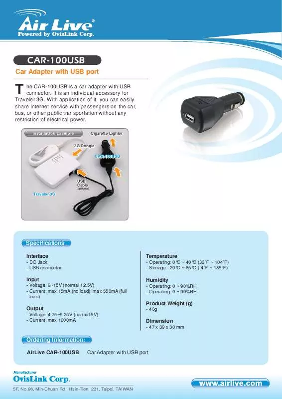 Mode d'emploi AIRLIVE CAR-100USB SPEC