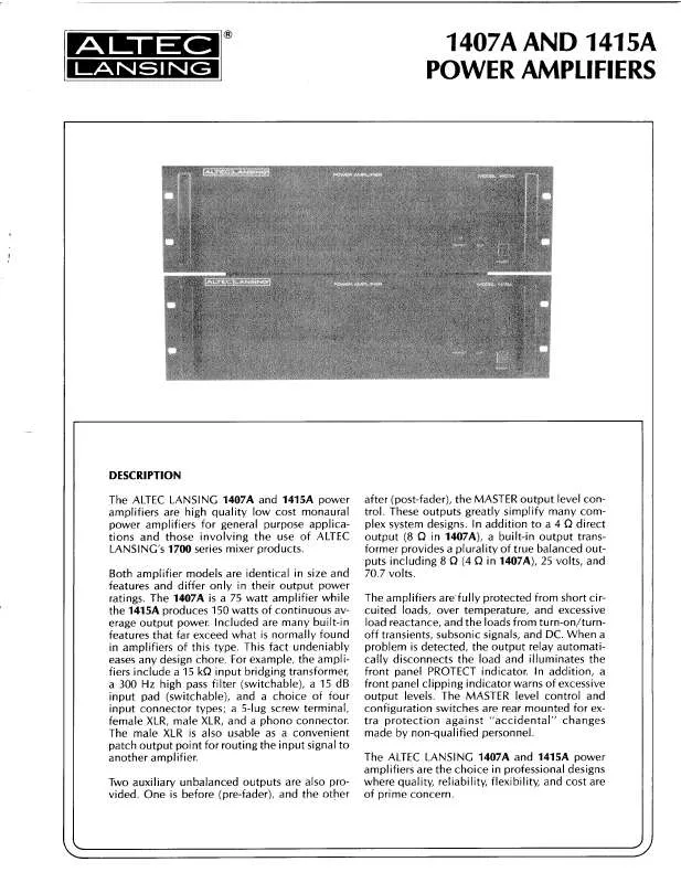 Mode d'emploi ALTEC LANSING 1415A POWER AMPLIFIER