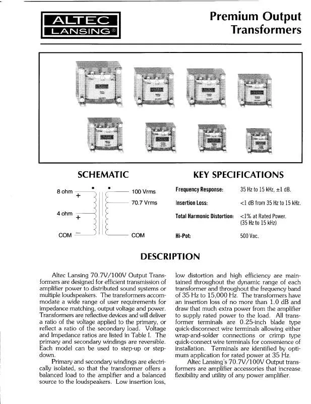Mode d'emploi ALTEC LANSING 15000 TRANSFORMERS