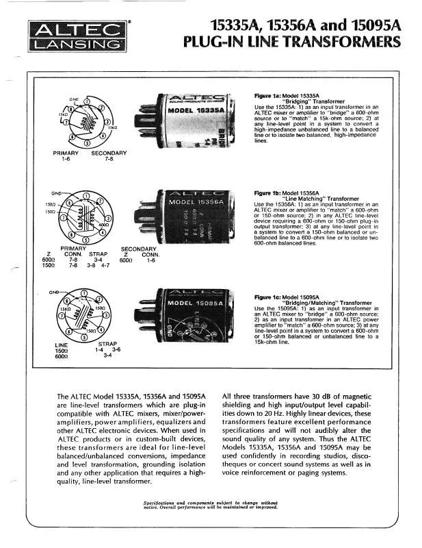 Mode d'emploi ALTEC LANSING 15335 TRANSFORMERS