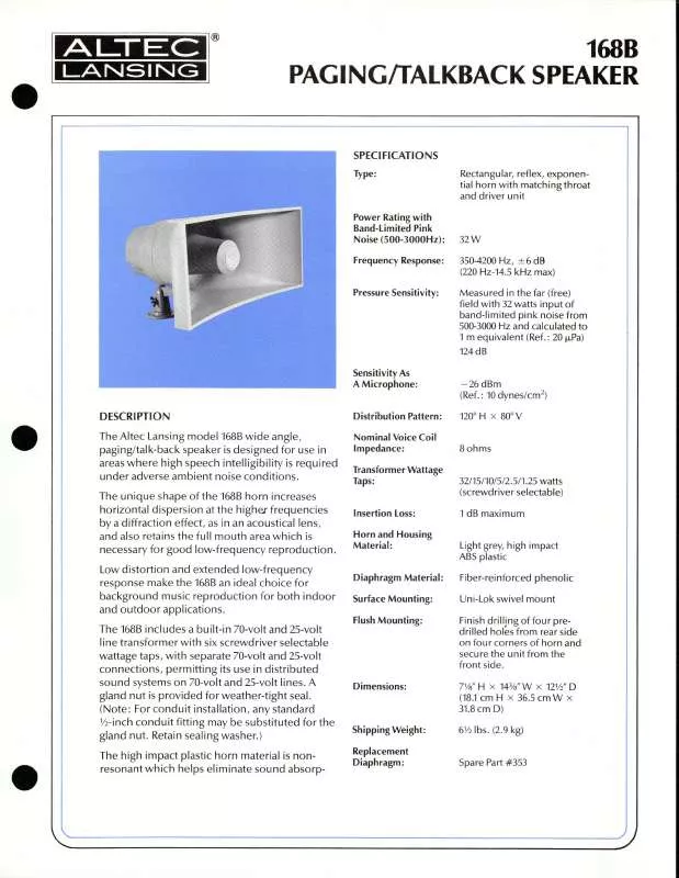 Mode d'emploi ALTEC LANSING 168B PAGING HORN