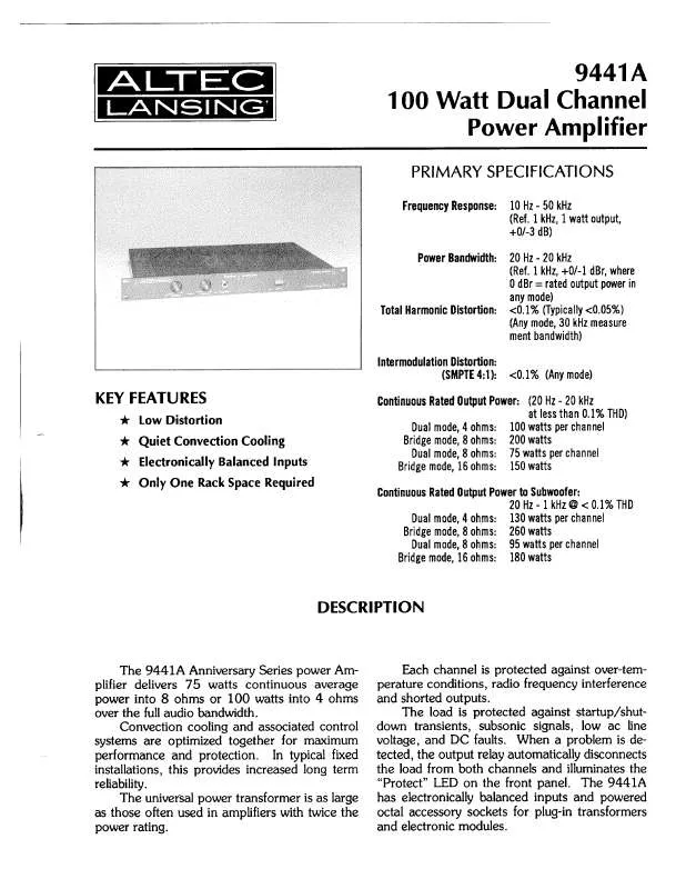 Mode d'emploi ALTEC LANSING 9441A POWER AMPLIFIER